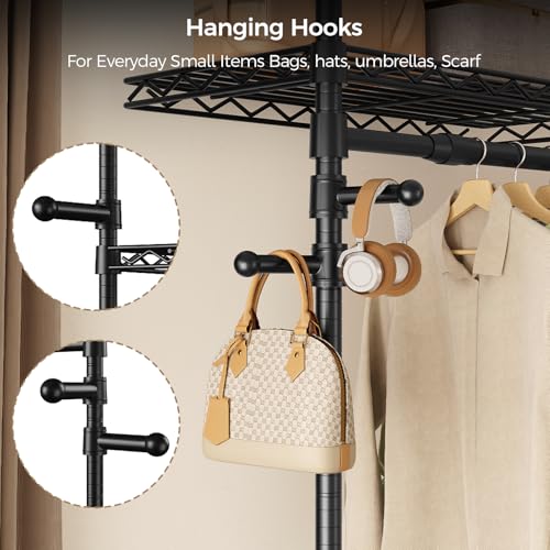 Closet Organizers and Storage, 2-Row Heavy Duty Garment Rack Clothes Rack for Hanging Clothes, Wall Mounted Closet System with 2 Telescopic Rods, 3 Hooks, 6 Shelves for Wardrobe, Bedroom, Small Space - style: 2-Row