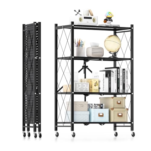 Simple Deluxe 4-Tier Folding Storage Shelves, 27.95" W x 14.96" D x 49.61" H Foldable Shelving Unit, 1000 Lbs Loading Capacity, Black - color: Black, size: 4-Tier, 28"W x 15"D x 49"H