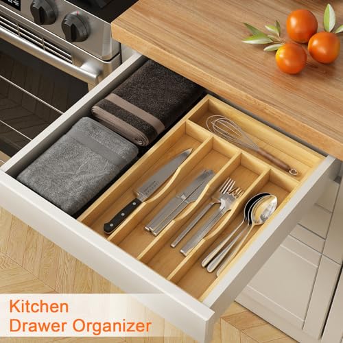 Youpehom Bamboo Utensil Organizer for Kitchen Drawers, Utensil Tray and Cutlery Silverware Holder,Wood Drawer Dividers with 5 Slots，2 pack - size: 5 Slots-2 Pack