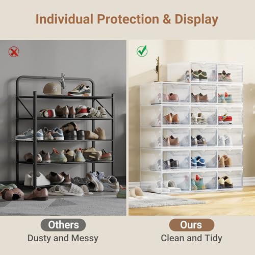 XX-Large Shoe Sneaker Storage Boxes for Size 14, Stackable & Thicken Clear Plastic Shoe Organizers 8 Packs for Entryway Closet Under Bed, Shoe Storage Cabinets Container Display Case w/ Magnetic Door - size: 8 packs