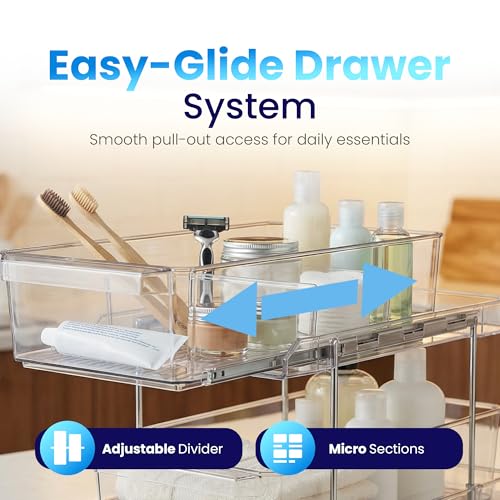 Masirs 2-Tier Clear Pull-Out Drawer Organizer - Sleek, Compact & Sturdy Makeup and Closet Organizer - Easy Assembly Kitchen Storage Solution, Ideal for Makeup, Tools, Medicines 4-Pack