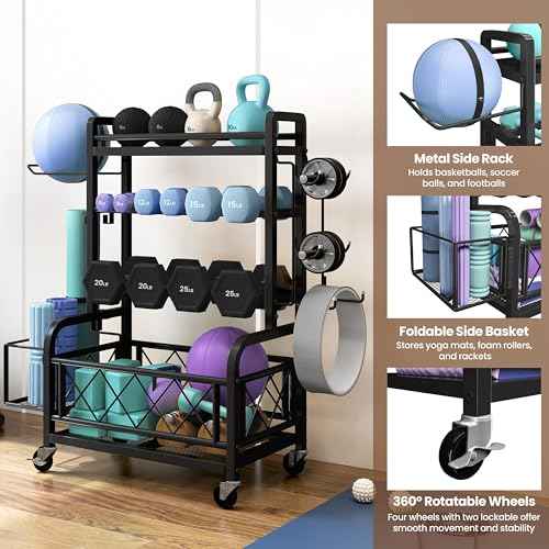 Yaheetech Dumbbell Rack Yoga Mat Storage Rack Home Gym Workout Equipment Rack Stand w/Hooks & Wheels for Dumbbells, Kettlebells, Yoga Ball, Max Load 400lb