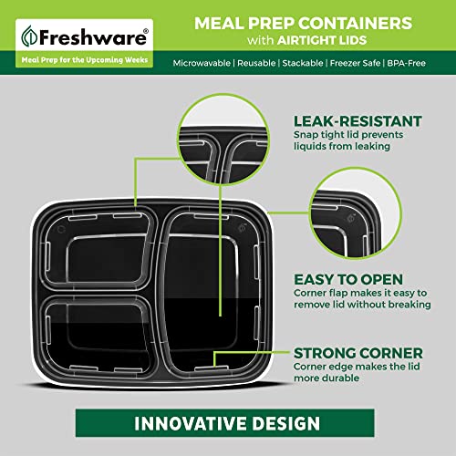Freshware Meal Prep Containers 21 Count (Pack of 1), 3 Compartment with Lids, Food Storage Containers, Bento Box, Stackable, Microwave/Dishwasher/Freezer Safe (24 oz) - size: 3-COMP-21PK