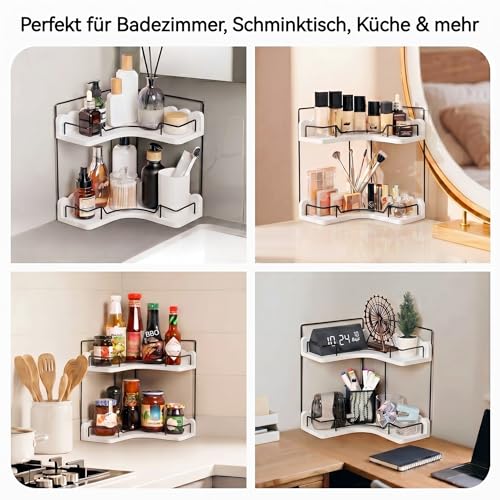 2-Tier Solid Wooden Corner Organizer with Elegant Scalloped Edge, Modern Stylish Shelf for Bathroom Vanity & Kitchen Countertop Storage, Moisture-Resistant with Anti-Fall Fences & Anti-Slip Pads