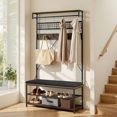 VEVOR Hall Tree with Bench and Shoe Storage, 2 Tier Entryway Bench with Coat Rack, Shoe Rack Storage Organizer with Soft Cushion, Hooks and Hanging Rod for Entryway, Hallway - size: 72" * 40"