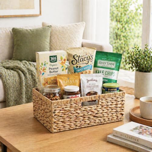 Large Wicker Basket, 15" Water Hyacinth Wicker Storage Baskets for Organizing, Rectangular Storage Baskets for Shelves, Rattan Woven Basket with Built-in Handles, 1 Pack (Natural, Large) - size: 15"L x 11"W x 6 ¾"H