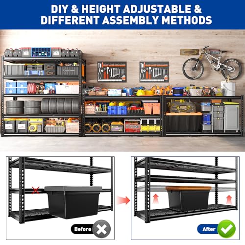 REIBII 55" W Garage Shelving Unit, 5-Tier Adjustable Rivet Metal Shelves, 2800 LBS Industrial Steel Storage Shelves with Reinforced Mesh, for Warehouse Basement Pantry, Shed, Black, 72" H x 17.7" D - size: 55"Wx17"D x 72"H
