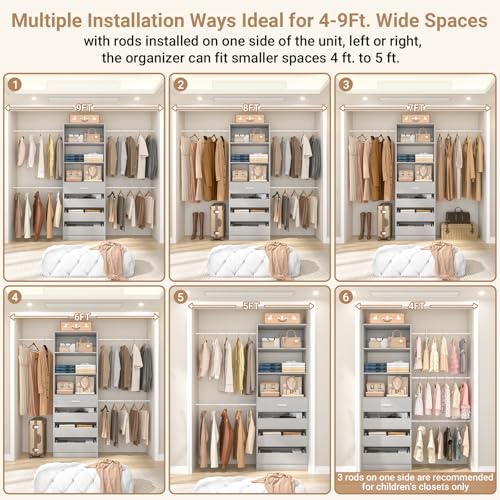 Aheaplus Closet System, 4-9Ft Closet Organizer with 4 Wooden Drawers, Wood Closet Organizer System with Tower, Walk-in Closet Organizer Wardrobe Garment Clothes Rack with 4 Hanging Rods, Grey - color: Grey
