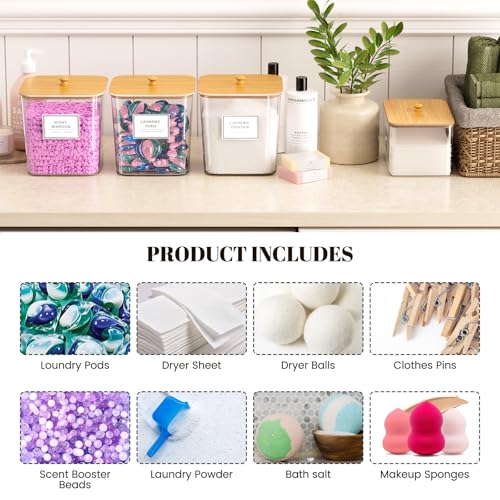 2+1 Pack Laundry Pods Container,Clear Laundry Detergent Powder Storage Containers,Laundry Room Organization Containers with Wooden Lids & Labels,Laundry Pods Holder for Scent Booster,Dryer Ball - style: 2+1 Pack