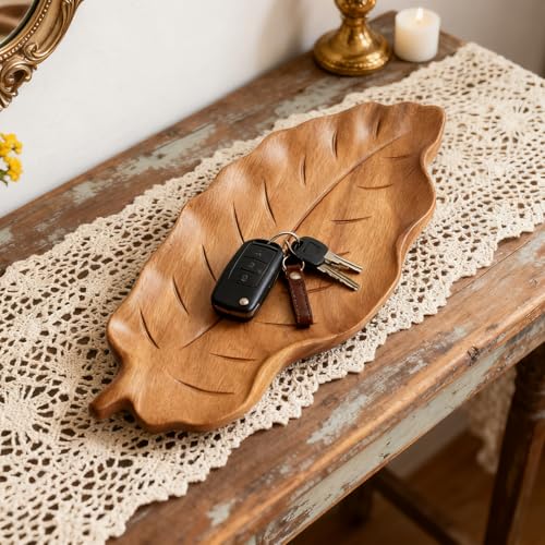 Wood Leaf Design Key Tray for Entryway Table, Aesthetic Desk Organizer for Home, Key Bowl, Jewelry Tray, Serving Tray Platter Breakfast Table Kitchen Decor