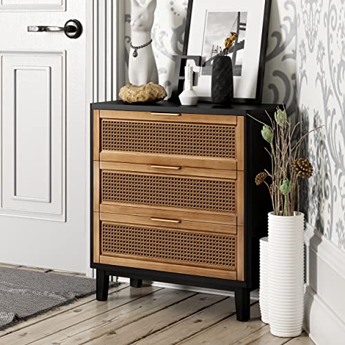 COZAYH Farmhouse 3-Drawer Nightstand, Set of 2 Woven Cane Front Accent Dresser with Brass Pull, Fully-Assembled, Black - color: Black, style: 3 Drawer/2 pack