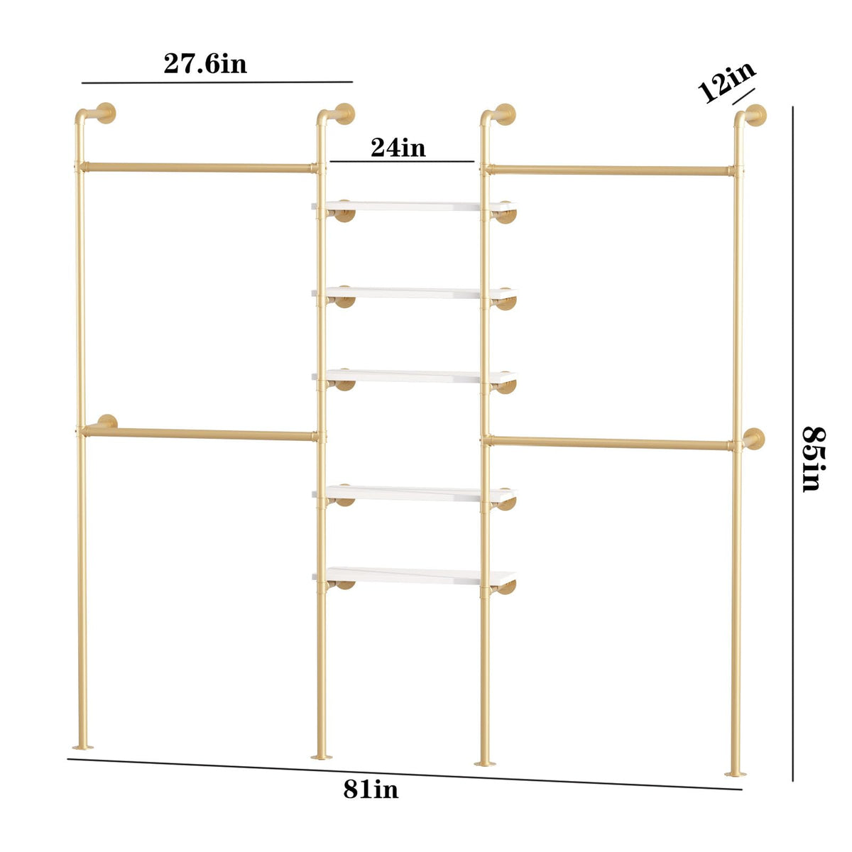 WTPLWD Industrial Pipe Clothing Racks with 5 Shelves, Wall Mounted Gold Clothes Rack for Hanging Clothes, Gold Wall Clothing Rack, Heavy Duty Clothes Rack for Walk in Closet, Laundry Room