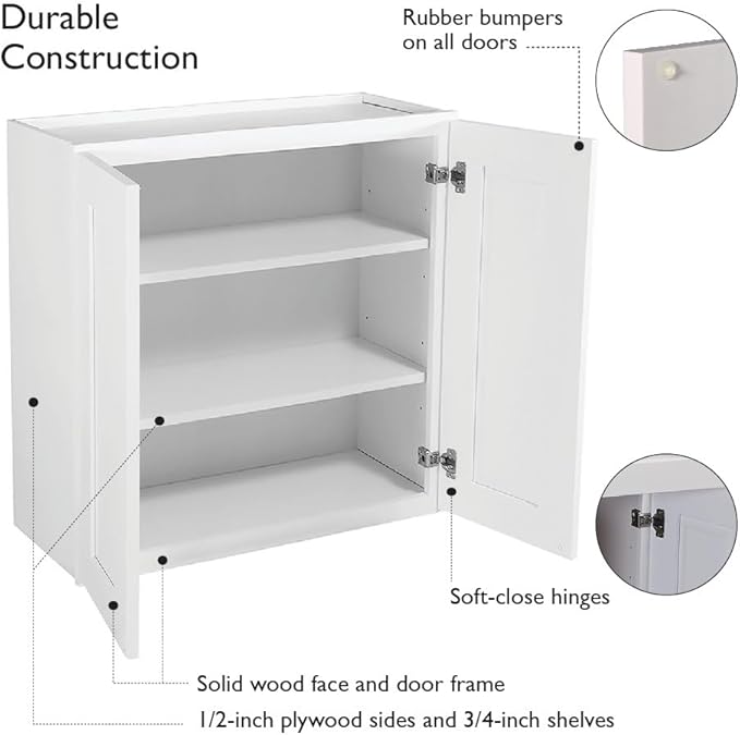 Design House Brookings Shaker Fully Assembled Wall Kitchen Cabinet W3336, 33 W x 12 D x 36 H, Painted White, Solid Wood, Design House, 569129