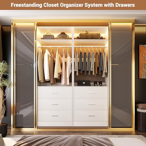 Besiost Closet System Set of 4, 8FT Closet Systems with 12 Wood Drawers, 96" Closet Organizer System with 4 Hanging Rods & 4 Shelves, Heavy Duty 96 Inch Walk-in Closet, White (96"L x 15" W x 80" H) - color: White, size: 8FT