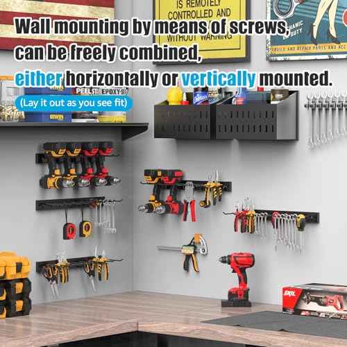 CCCEI 3 Modular Pegboard Strip Storage, Metal Peg Slat Wall Mount for Garage, Basement, Garden, Laundry Room Organization. Flexible Tool Organizer for Rake, Shovels, Crafting. Gifts for Men, Black.