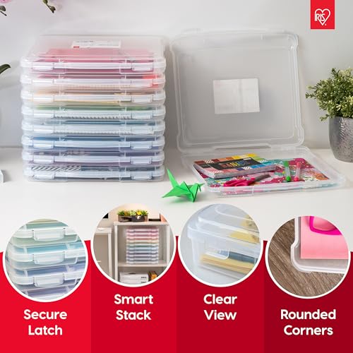 IRIS USA Board Game Storage Craft Organizer Box with Snap-Tight Latch Lid, 4-Pack Portable Plastic Case Bin for Puzzles, Magazines, Hobbies, Art Supplies, Fits 8.5" x 11" & A4 Papers, Slim, Clear - size: 4 Pack