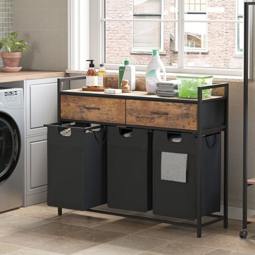 Mondeer Laundry Sorter with 2 Drawers, 150L with Pull-Out Removable Laundry Bags, Laundry Hamper Baskets with 3 Section and Wheels, Rustic Brown and Black - size: 3 Drawers