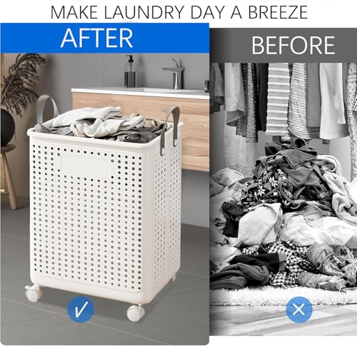 WESAPPINC Collapsible Large Laundry Hamper, Plastic Laundry Basket with Wheels,Suitable for Bathroom, Bedroom, Dorm Room & Laundry Room,Basket with Handle (White) - color: 55L White