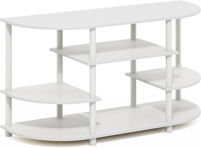 Furinno Jaya TV Stand, 4-Tier Open Shelf Design Corner Entertainment Center with Round Corner, TV Console for TV up to 46 Inch, Toolless Assembly, for Living Room, Bedroom, White
