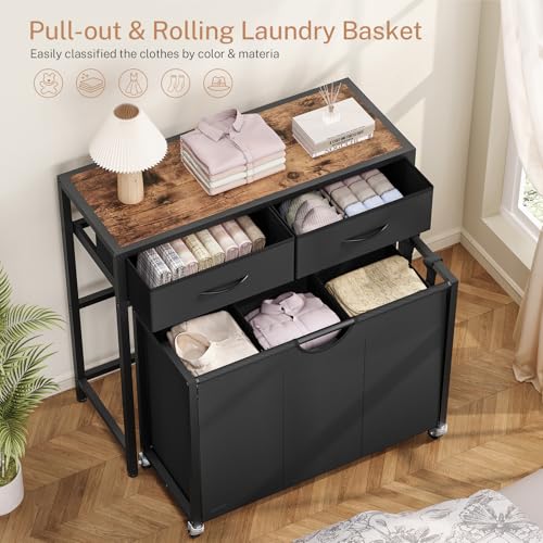 Laundry Sorter 3 Section with Tabletop & 2 Drawers, Rolling Laundry Hamper with Pull-Out and Removable Bags, Laundry Basket Organizer with Wheels and Shelf, Metal Frame Rustic Brown for Laundry Room - size: 155 L