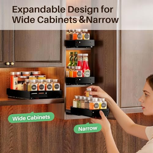 SNTD Pull Out Spice Rack for Upper Cabinet - Expandable Organizer with Smooth Ball Bearing Slides, No Drill Mounting Spice Storage for Kitchen (1 Pack, 4.1" to 7.2" W X 10" D X 2.2" H) - size: 4.1"W X 10"D X 2.1"H