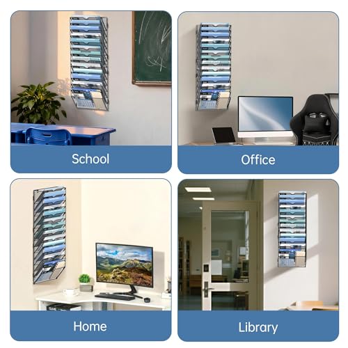 14 Tier Wall Hanging File Organizer, Paper Folder Holder Wall Mounted, Metal Mail Sorter for Office Home School, Black