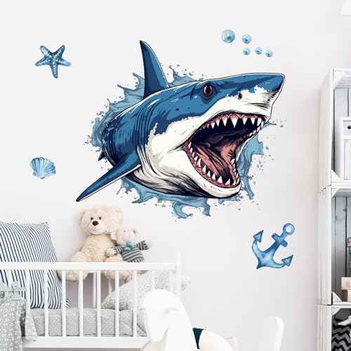 Supzone Large 3D Shark Opening Mouth Wall Decals, 23.6 * 30.7 inches Ocean Wall Sticker Self-Adhesive for Boys Bedroom Livingroom Nursery Playroom Classroom