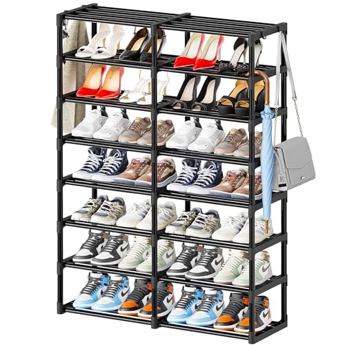 SUFAUY Large Shoe Rack Organizer, 2 Row 8 Tier 32-40 Pairs with Hooks, Sturdy Metal, DIY Stackable &Adjustable, Black