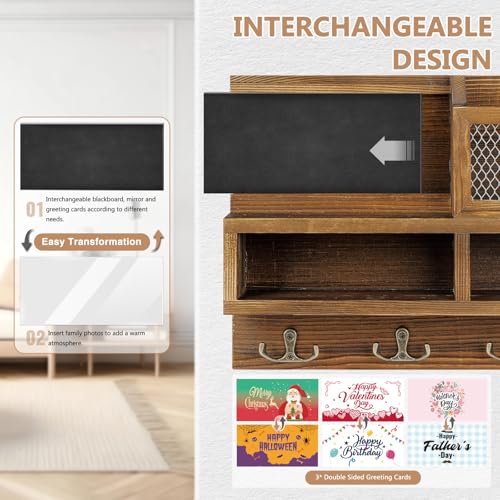 Key Holder Wall Mount, Wooden Mail and Key Organizer with Chalkboard and Mirror, 3 Greeting Cards, 8 Hooks, Brown - color: Brown