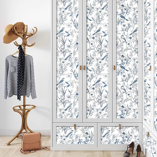 Navy Blue Floral Birds Peel and Stick Wallpaper Rustic Country Birds Floral Shelf Liner Contact Paper for Walls Bedroom Kitchen Bathroom Cabinets Dresser Drawer Furniture Decal 17.7X117 Inches