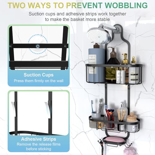 Kadolina Shower Caddy Hanging, Bathroom Shower Rack, Bathroom Organizer with Soap Dish, Over The Showerhead Caddy with Hooks for Razor/Sponge, Black - color: Black