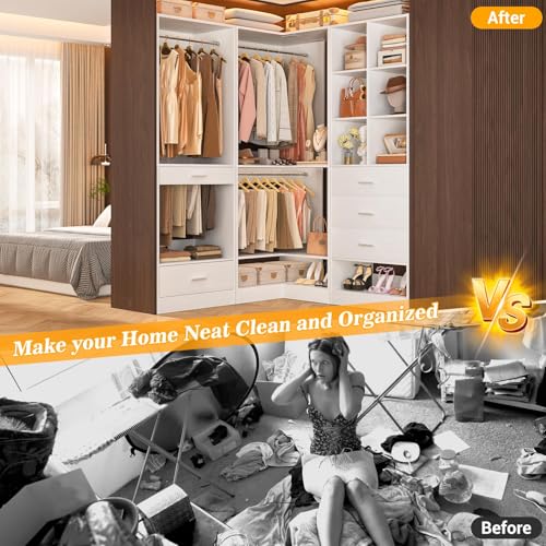Homieasy Closet System Organizer with Drawers, Pants Rack, Cube Storage and Hanging Area – Wardrobe Organizer with Hanging Rods, Shoe Storage & Anti-Tip Kit – Expandable and Easy to Install, White