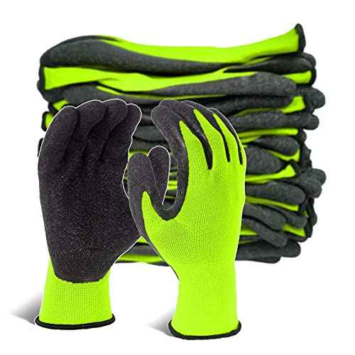 Evridwear Crinkle Latex Rubber Hand Coated Safety Work Gloves for Men Women General Multi Use Construction Warehouse Gardening Assembly Landscaping (9/L, Green- 12Pair)