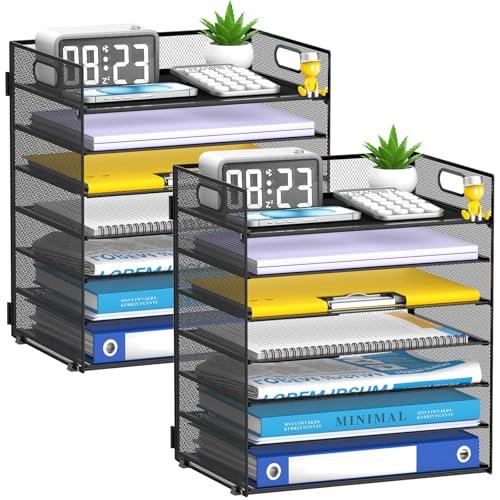 2 Pack 7 Tier Paper Organizer - Mesh Desktop File Holder with Handles for Office School Desk, Black - color: 2Pack Black