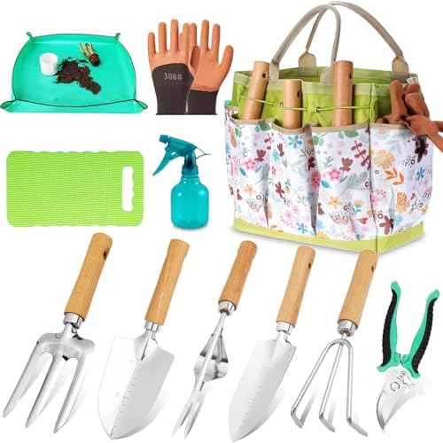 Garden Tool Set 11-Piece Heavy Duty Gardening Hand Tools - Rust-Resistant Stainless Steel with Durable Stylish Garden Tools Organizer Tote Bag | Ideal Gardening Gift for Women & Garden Enthusiasts