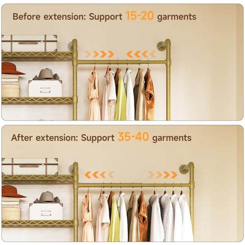 H6 Wall Mounted Closet System, Industrial Pipe Clothes Rack Clothing Racks with 6 Telescopic Rods & 3 Fixing Rods & 9 Shelves, Heavy Duty Closet Organizers and Storage in Wardrobe Closet (Gold) - color: Gold
