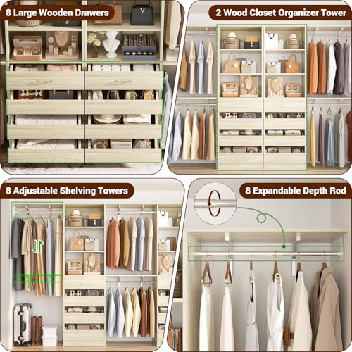 Aheaplus Closet System with Drawers Set of 2, Wood Closet Organizer System with 8 Hanging Rods & Top Shelves, Walk-in Closets Organizer Wardrobe Clothes Rack, Cut Fits Spaces 4-9FT. Wide, White Oak1 - color: White Oak