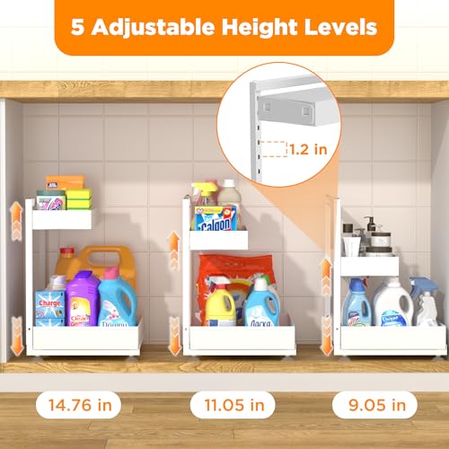 TATAANTY Under Sink Organizer 2 Pack, 2 Tier Metal Under the Sink Storage, Heavy Duty Slide out Pull out Cabinet Organizer, Height Adjustable for for Kitchen Bathroom Pantry Closet Organization Rack