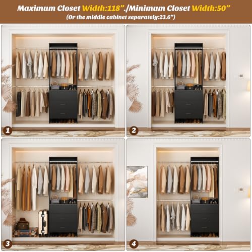 Aheaplus Closet System With 3 Wooden Drawers, Walk-in Wardrobe Organizer, Clothes Rack With 4 Hanging Rods, Garment Rack, -4R, Black - color: Black, size: Without Light