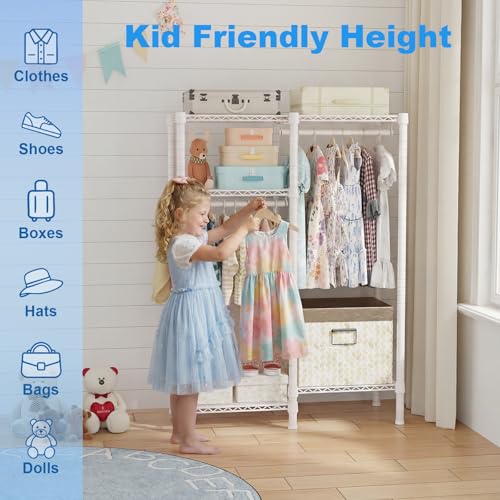 Ulif F1 Garment Rack for Kids, Baby, Students, and Children's Room, 4 Tiers Freestanding and Portable Heavy Duty Closets, Small Metal Clothes Rack with 2 Hanging Rod, 31.2" W x 11.8" D x 48" H, White - color: White