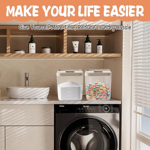 Large Laundry Pods Container with Slide Lid, Laundry Room Organization for Booster Beads with Measuring Scoops, Laundry Pods Holder for Scent Booster, Powder, Pods. (Clear 2-Pack)