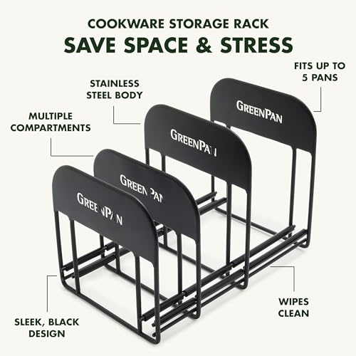 GreenPan Stainless Steel Wire Cookware Storage Rack, 5 Frying Pan Compartments, Countertop or Cabinent Organizer, Minimizes Clutter, Fast Drying, Wipes Clean, Black - size: Frying Pan Storage Rack