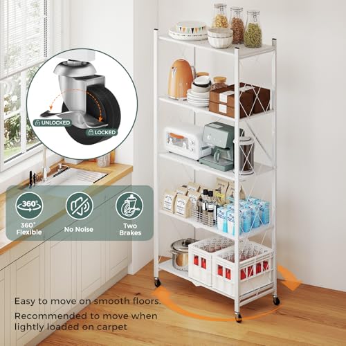DEANIC 70.7" Tall Extra Large 5-Tier Folding Storage Shelf with Wheels, No Assembly Collapsible Metal Rack with Leveling Feet for Garage, Pantry, Basement, Vendor Display, Kitchen(White,1 Pack) - color: White