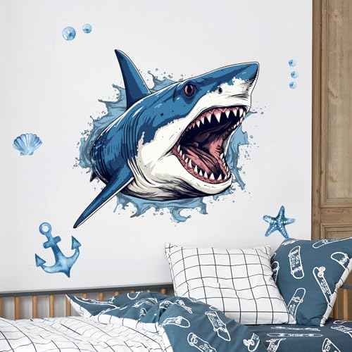 Supzone Large 3D Shark Opening Mouth Wall Decals, 23.6 * 30.7 inches Ocean Wall Sticker Self-Adhesive for Boys Bedroom Livingroom Nursery Playroom Classroom