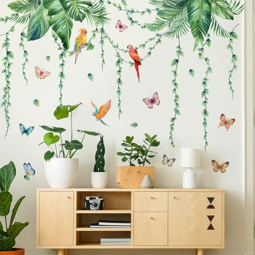 Removable Tropical Leaves Wall Decals Vinyl Hanging Vines Green Plants Wall Stickers Peel and Stick Jungle Safari Mural Art Decor for Nursery Classroom Bedroom Office Sofa Background