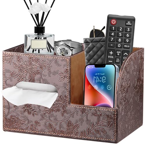 Leather Square Tissue Box Cover with Storage Tray,Cube Tissue Box Holder,Modern Facial Paper Organizer with Remote Control Holder for Bathroom,Vanity Countertop,End Table NightStand Home Office - color: Retro