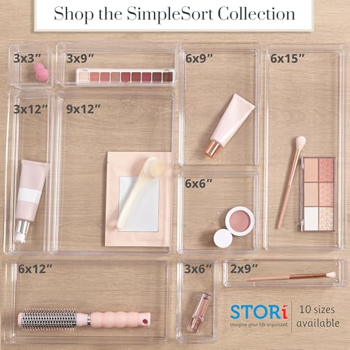 STORi SimpleSort 3-Piece Stackable Clear Drawer Organizer Set | 9" x 6" x 2" Rectangle Trays | Wide Makeup Vanity Storage Bins and Office Desk Drawer Dividers | Made in USA - size: 9x6x2"