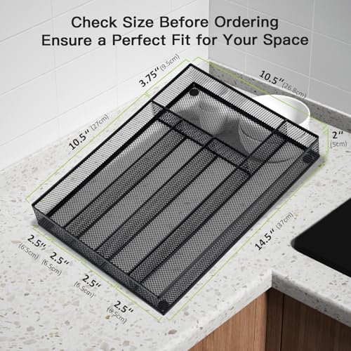 Neudeco Silverware Drawer Organizer - 5 Compartment Cutlery Tray with Non-Slip Feet, Mesh Wire Flatware Storage Divider for Kitchen, Bedroom, Living Room (Black) - color: Black