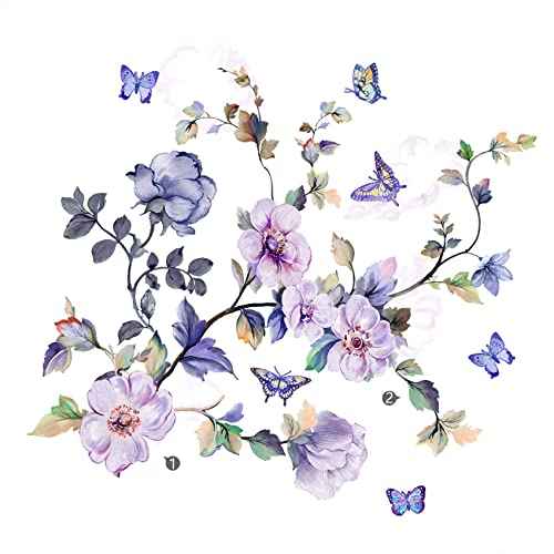 hanlongyu Purple Flower Wall Decals, Removable Fresh Flower Wall Stickers Peel and Stick Removable DIY Floral Butterflies Decals Tree Leaves Plant Wall Art Stickers Murals for Home Decor