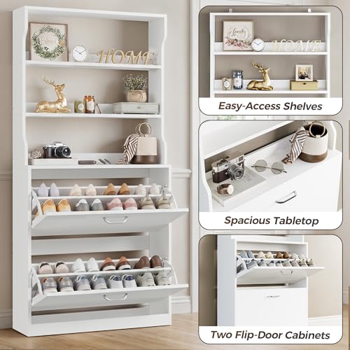 IRONCK Tall Shoe Cabinet with 2 Flip Drawers, Narrow Hidden Shoe Storage Cabinet with Shelves, Slim Freestanding Shoe Organizer for Entryway, Hallway, White - color: White